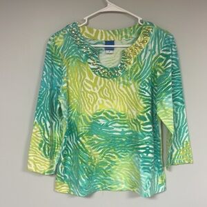 Sapphire Star  3/4 sleeve Beaded  neckline printed Top,  M,  aqua, & yellow